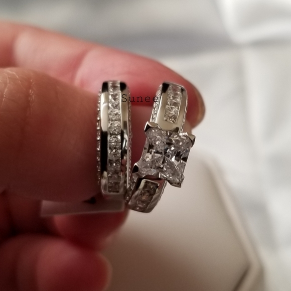 New His Hers Real 925 Wedding Engagement Ring Set - Picture 4 of 6